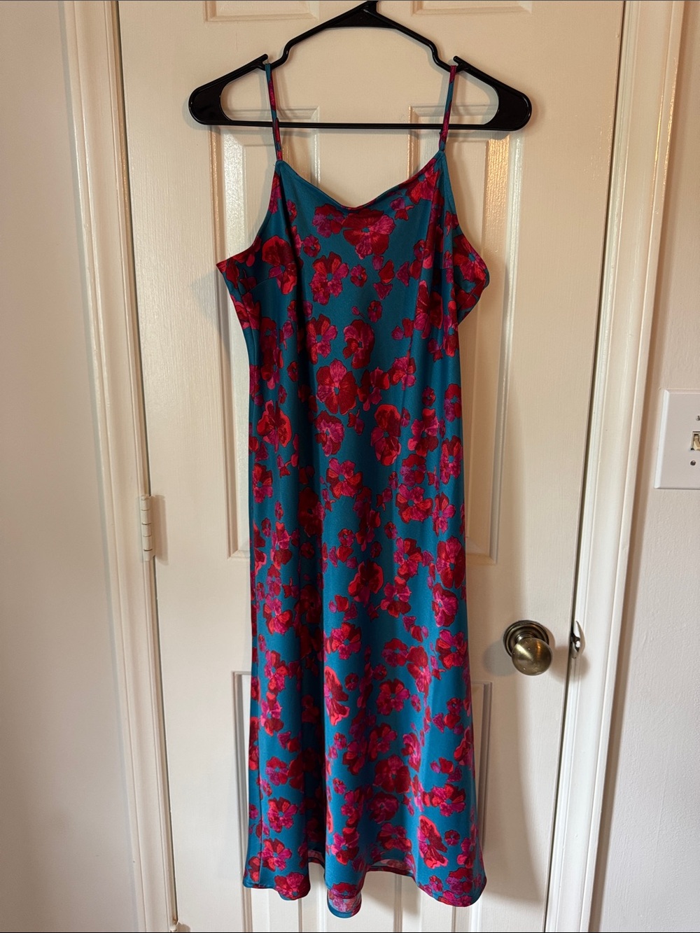 Teal Midi Slip Dress with Pink Floral Print